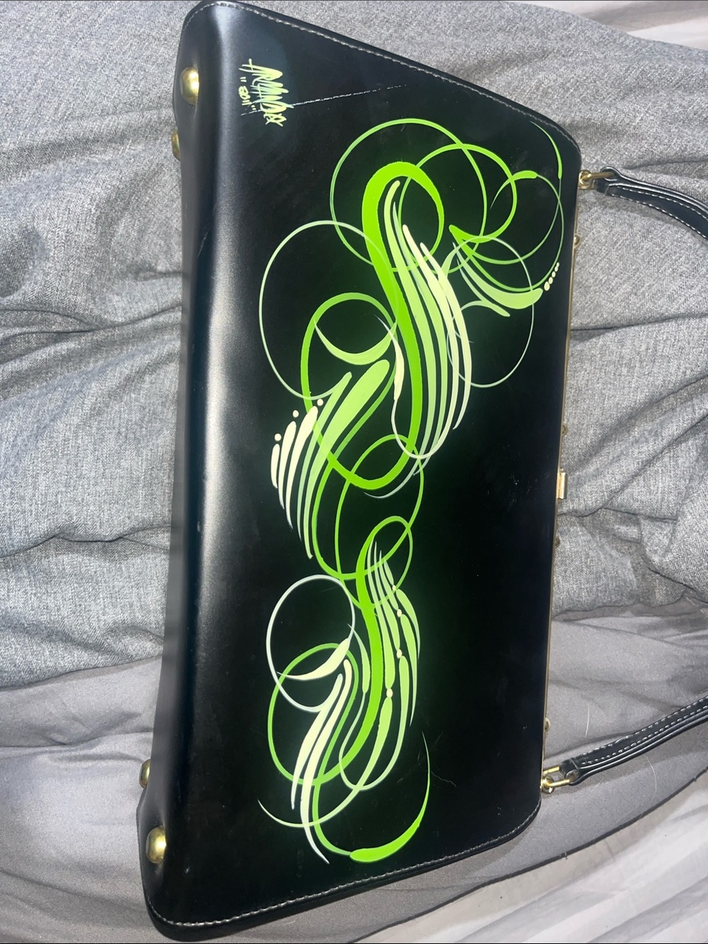 Black and Lime Green Graphic Leather Wristlet Clutch